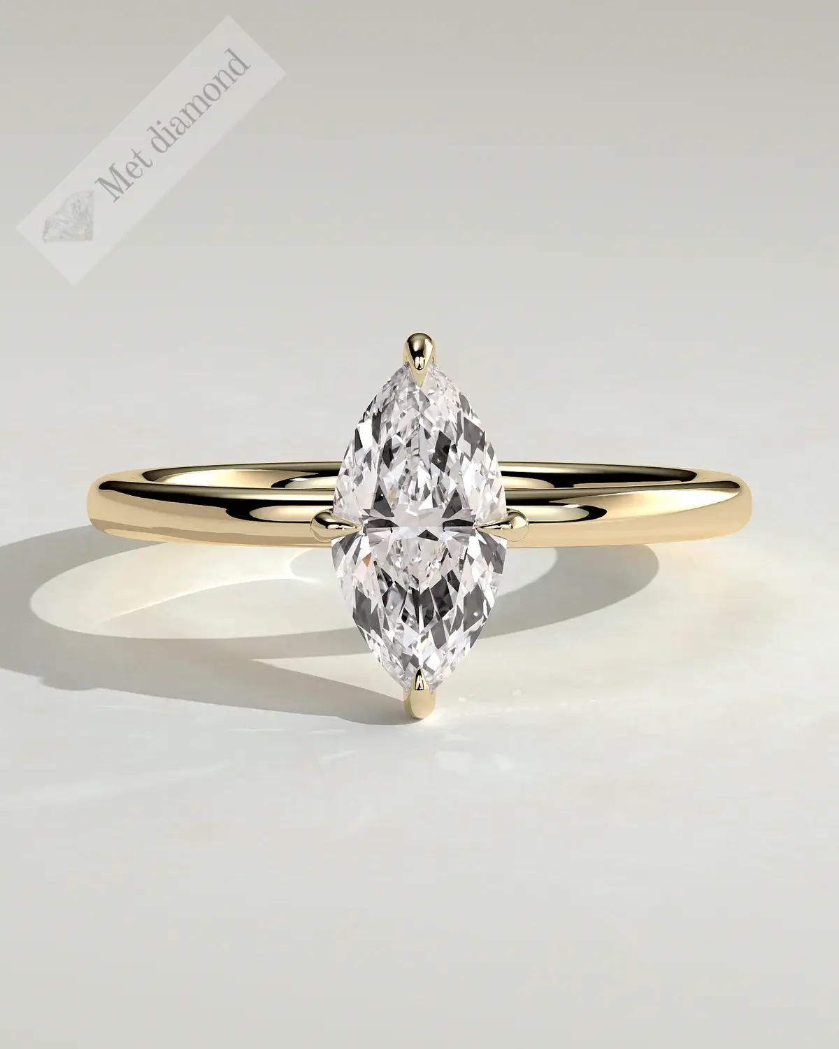 MET 0361, 1 ct sarı altın markiz gizli halo laboratuvar pırlantası yüzük, önden görünüm