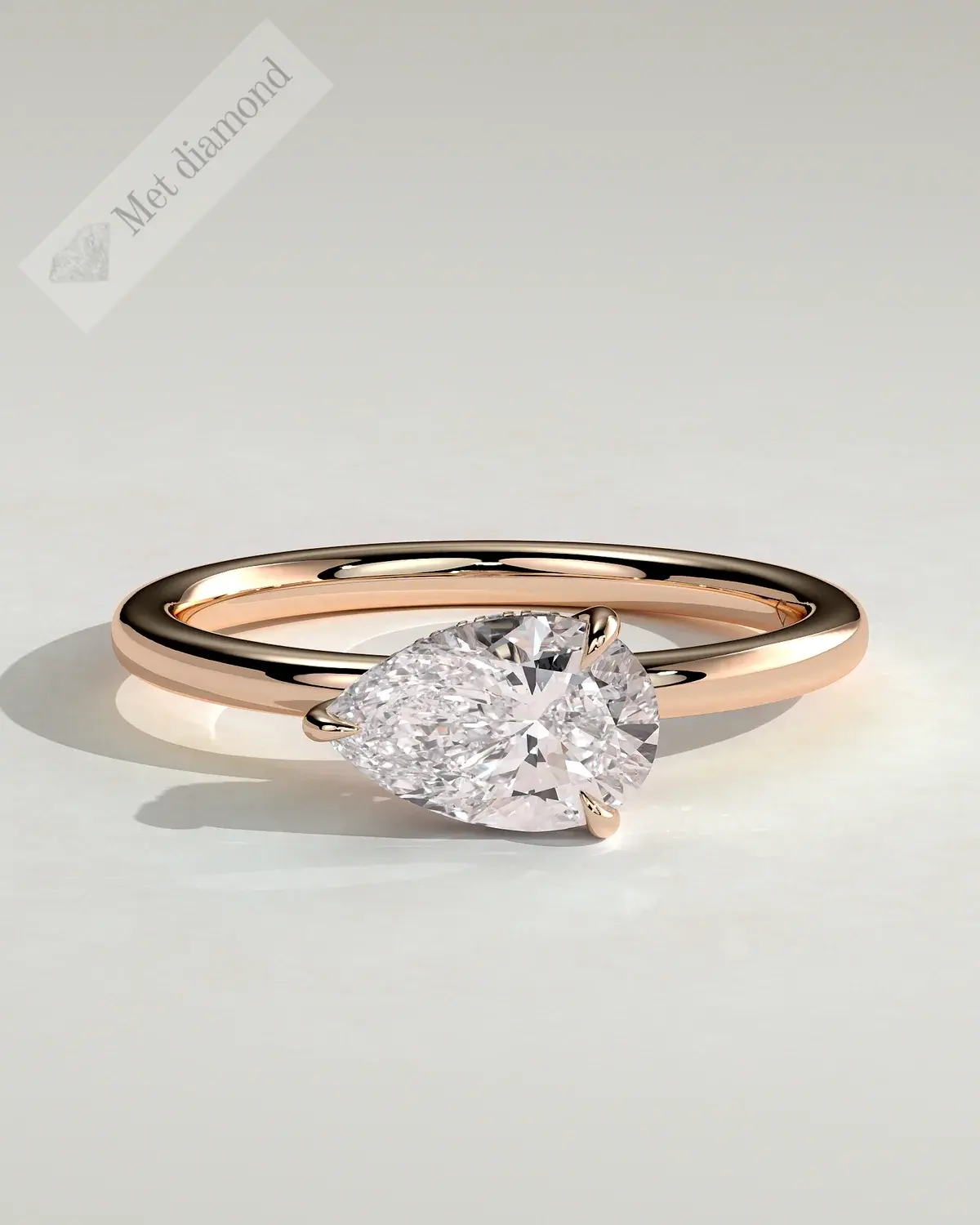 MET 0365 damla kesim East-West tektaş yüzük, 1 ct, pembe altın, önden görünüm